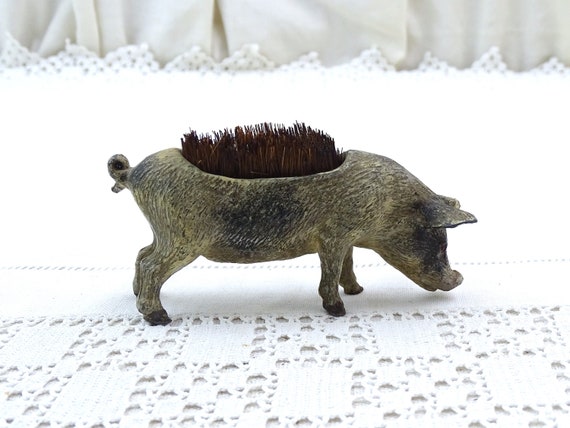 Antique French Cold Painted Metal Pig Fountain Pen Wipe with Bristle Brush, Retro Writing Accessory from France, Collectible Boar