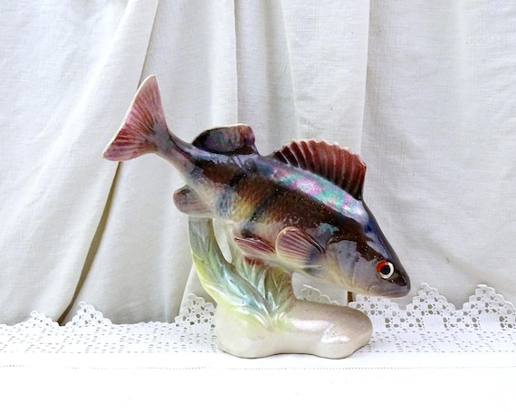 Vintage Lusterware Pottery Sculpture of Swimming Trout Fish, Retro Mid Century Aquatic Themed Figurine, Retro Fishy Kitsch Statue France