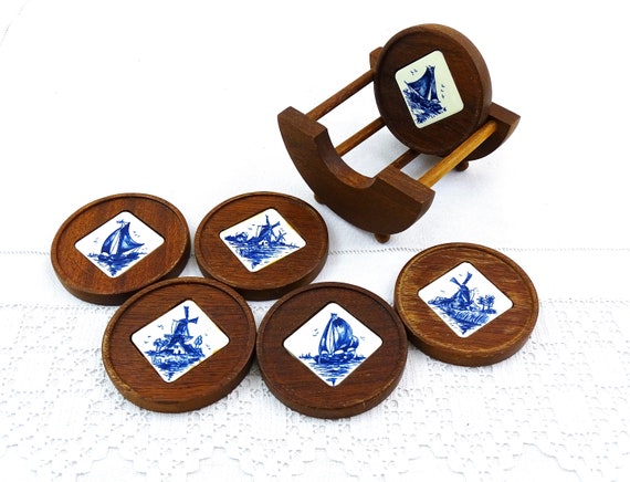 Set of 6 Vintage Dutch Wooden and Ceramic Sail Ships and Windmills Tile in Deft Style Coasters with Holder, Drinks Accessory, Maritime Decor