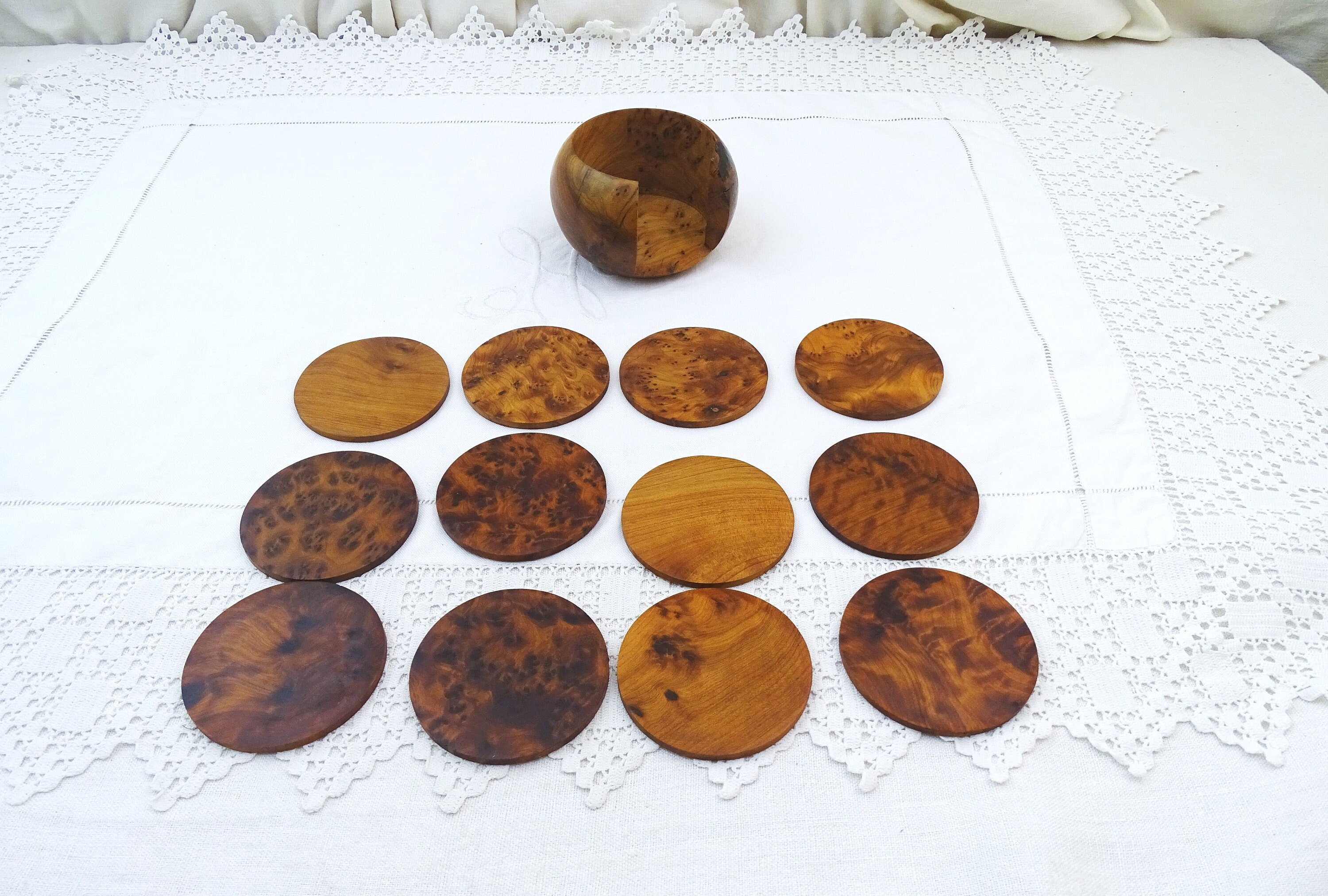 Set of 12 Vintage Round Burl Wood Drinks Coasters with Holder, Retro