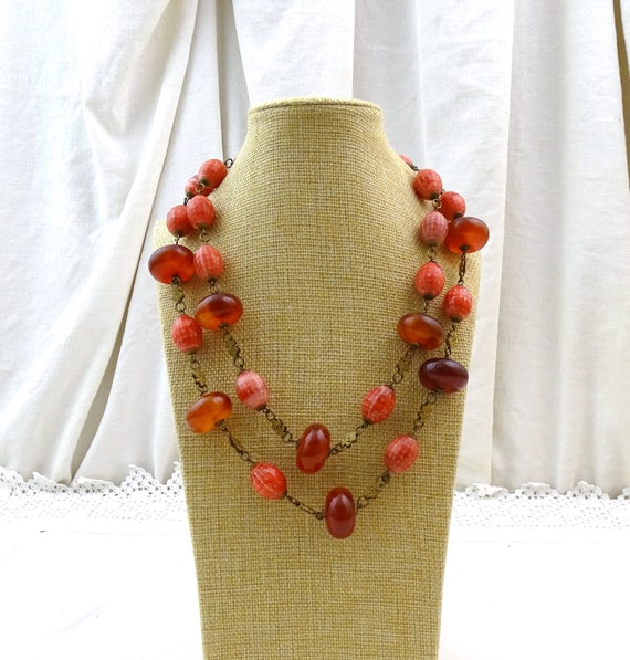 Vintage French Double Chain Bead Necklace with Marbled Apple Catalin Large Beads and Celluloid Pink Beads 135 Gm,  1930s Bakelite Jewelry