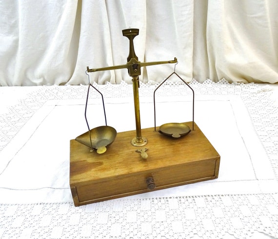 Antique French Brass Equal Arm Beam Balances with Wooden Draw, Vintage Apothecary and Analytical Scales from France, Old Style Gem Scale