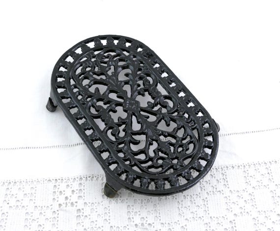 Vintage French Black Oval Cast Iron Enameled Table Trivet with Cut Out Pattern, Big Retro Unused Kitchen Heat Mat from France,