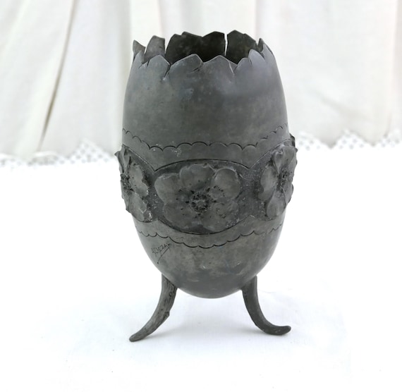 Antique French Pewter Egg Shaped Vase with Flower Garland Signed A Chezal, Retro Easter Spring Time Flower Arranging Accessory from France