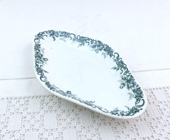 Antique French Terre de Fer Serving Dish with Blue Floral Transferware, Unmarked Tableware, Antique Decorative Tray, French Country Kitchen