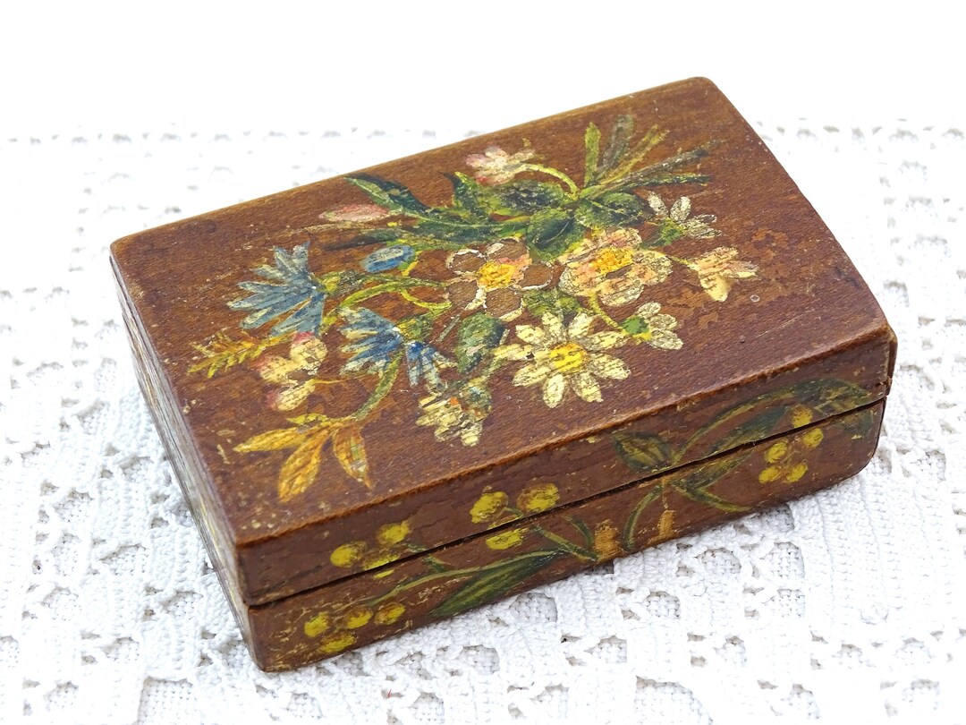 Small Antique French Handpainted Wooden Stamp Box Decorated With