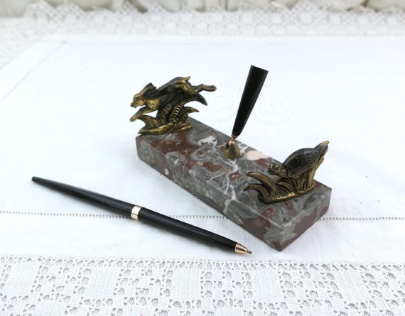 Vintage Marble and Spelter Tortoise and Hare Pen Holder, Inspired by Jean de La Fontaine Fable, 1950s Desk Tidy   Bronzed Patina Sculpture