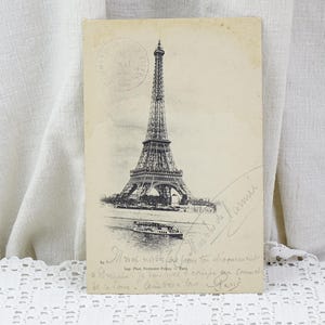 French Antique Black and White Sepia Postcard the Eiffel Tower Post Stamp from The Top, Retro Old Parisian Vacation Holiday from France 1904