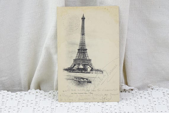 French Antique Black and White Sepia Postcard the Eiffel Tower Post Stamp from The Top, Retro Old Parisian Vacation Holiday from France 1904