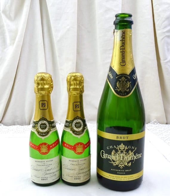EMPTY Shop Display 2 Small Vintage French Perrier - Jouet Champagne Bottles with Labels, Retro Drinking Prop France, Wedding Celebration