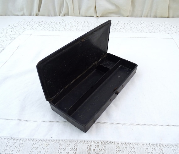 Antique French 19th Century Ebonized Carton Bouilli Pencil Holder Case, Vintage Napoleon III Black Papier-Mâché Black Rectangular Pen Box