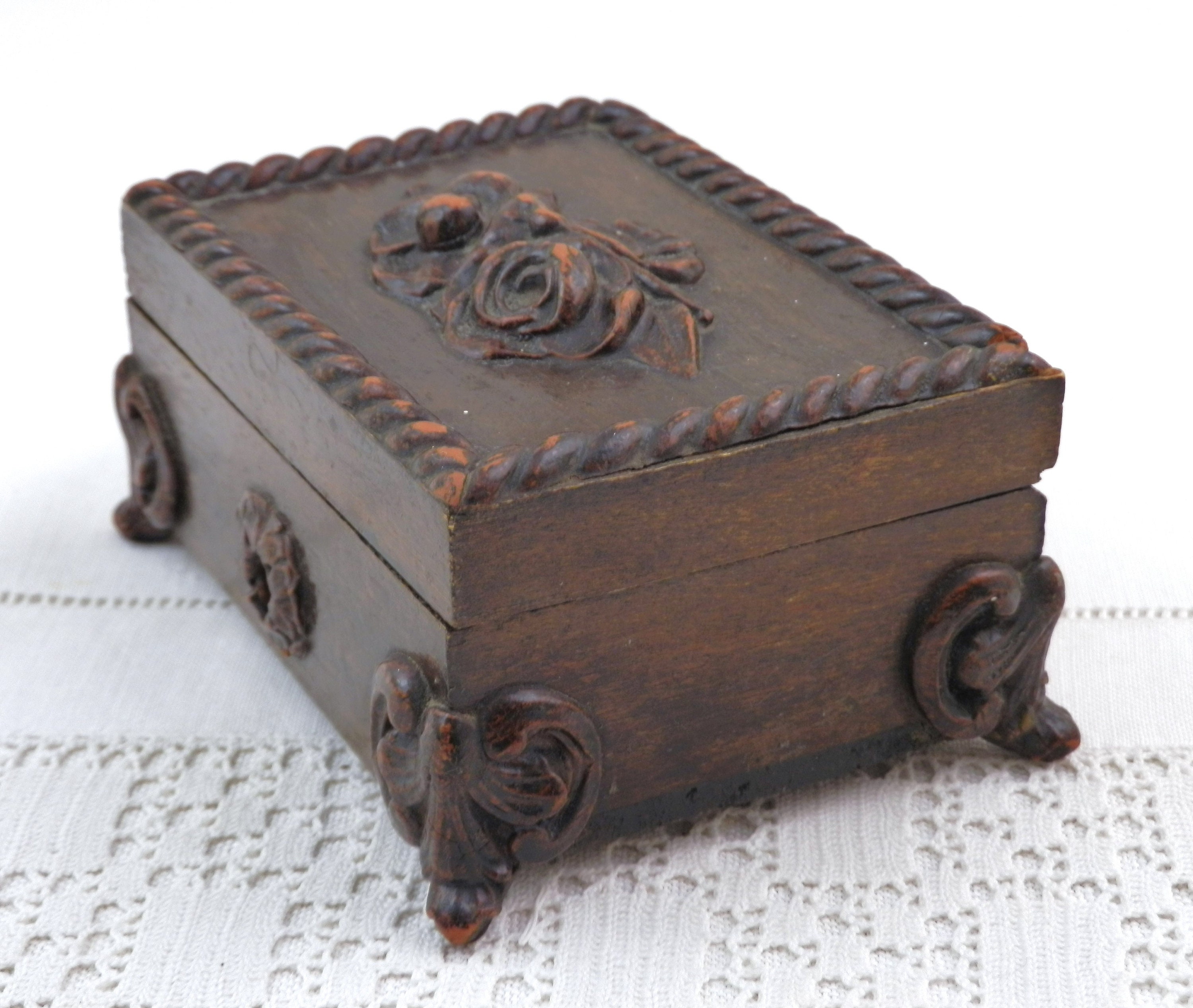 Small Antique French Decorative Wooden Box with Rose Pattern on the Lid