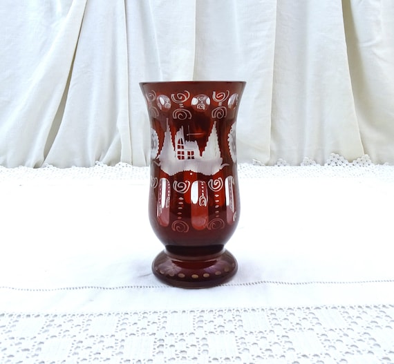 Vintage Bohemian Czech Egermann Cut to Clear Ruby Art Glass Vase, Retro Cased Red Glass Ornamental Flower Vase from Europe, Boho Home Decor