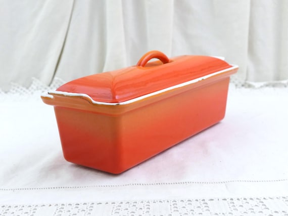Vintage French Bright Orange Enameled Rectangular Pâté Terrine Dish and Lid, Retro Ovenware Enamelware France, Cooked Meat Kitchenware