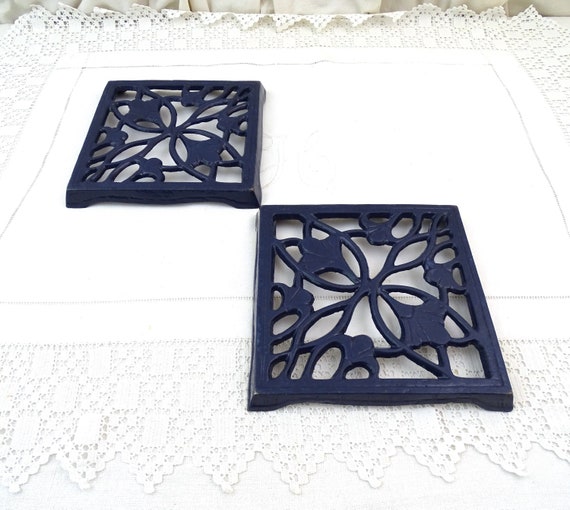 Pair of Matching Vintage French Dark Blue Enamelware Square Kitchen Trivets, 2 of the Same Heat Mats made of Enameled Cast Iron Metal France