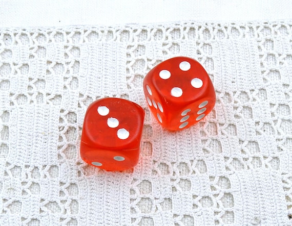 Pair of Vintage Red Lucite Dice, Set of 2 Retro Transparent Resin Die for Games and Luck, Old Style Play Occupation
