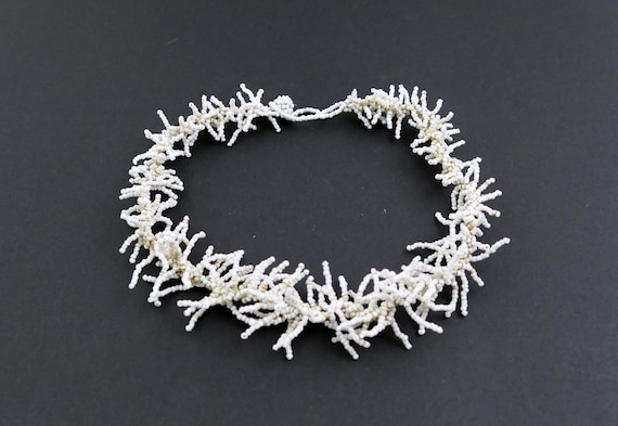 Vintage White Boho Glass Seed Bead Necklace, Retro Handmade Small Beaded Jewelry, Unique Wacky Ladies Accessory Fluffy Whiteness