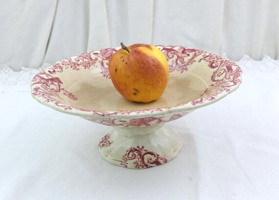 Antique French Jules Vieillard Bordeaux Ironware Compote Dish with Maroon Bird Flower Pattern,  Ironware Pottery Pedestal Cake Stand Bowl
