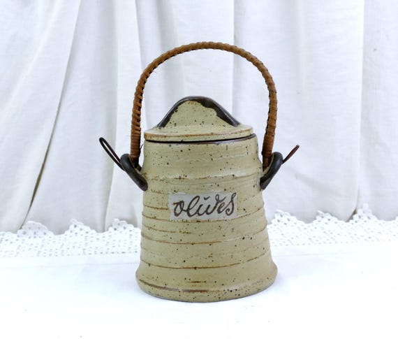 Vintage French 1950s Barware Handmade Stoneware Olive Jar with Carrying Handle in Earthy Colors, Retro Kitchen Storage Canister France