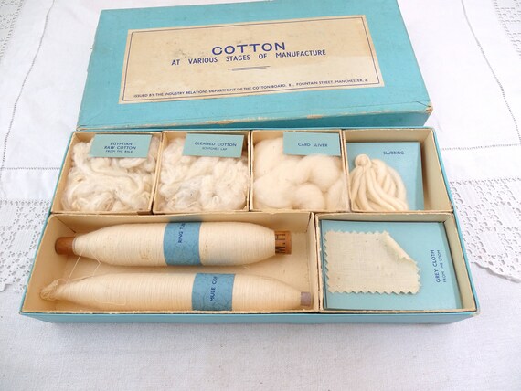 Vintage Box of Cotton at Various Stages of Manufacture Issued by the Cotton Board Manchester, Fabric Industry Educational Piece England