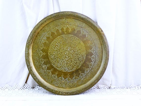 Antique Round Islamic Arabic Brass Tray with Hand Engraved Pattern, Retro Moorish Inspired Decor Item, Boho Tea Drinking Metal Etched Decor