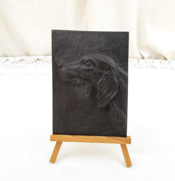 Vintage French Cast Ceramic Plaque Imitation Wooden Carving of a Spaniel, Retro Dog Lovers Home Decor from France, Faux Carved Sculpture