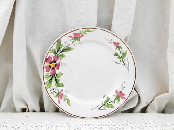 Antique French Round Pottery Plate with Hand Painted Wild Rose Pattern by St Amand, Early 20th Century Farmhouse Decor from France