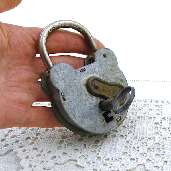 Large Vintage French Metal Padlock With 1 Working Key and Weathered Patina, Retro Mouse Ears Lock from France, Old Style Locking Devise