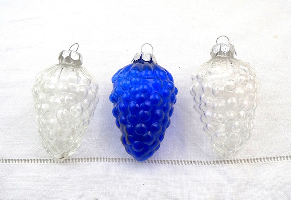 Set of 3 Vintage German Inge Glas Grape Bunch Shaped Christmas Decorations in Blue and Clear Glass, Retro Tree Fruit Ornaments, Xmas Baubles