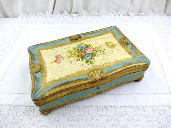 Large Vintage Italian Florentine Gold Pale Blue Hand Painted Wooden Box Flower Pattern 4 Feet, Retro Golden Colored Jewelry Venetian Decor