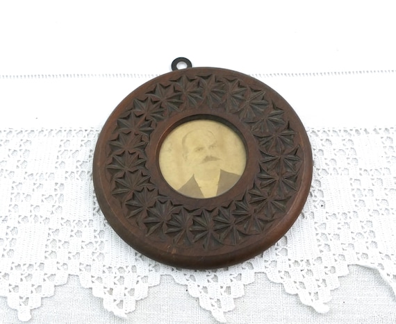 Small Vintage Round Hand-Carved Wooden Frame with Geometric Chip Carving Pattern and Sepia Portrait, Rustic Rural Boho Décor