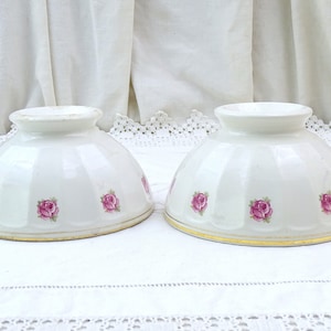 Pair of 2 Vintage French Coffee Bowls with Pink Rose Flower Pattern, Retro Breakfast Tableware Cafe Accessory from France, Country Farmhouse