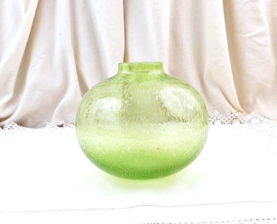 Vintage Large Round Green Bubble Glass Minimalist Vase, Retro French Biot Boule Style Air Encased Glass Vase, Collectible Art Glassware