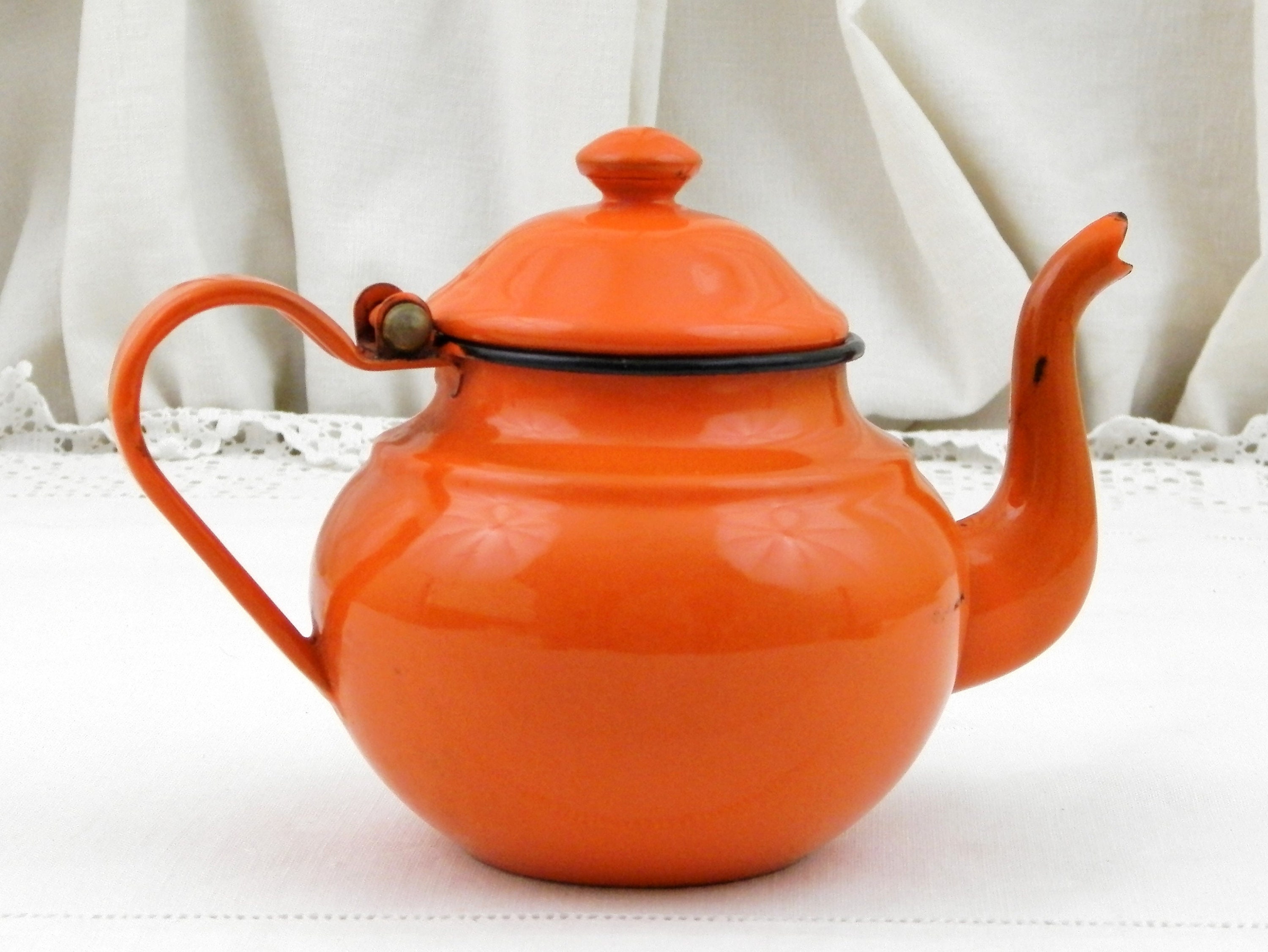 Small 1960s Vintage Bright Orange Enamel Tea Pot with Goose Neck Spout