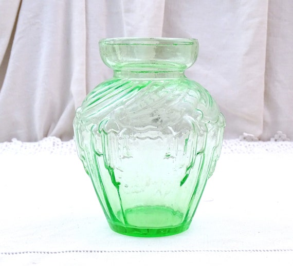 Vintage French Art Deco Pressed Green Depression Glass Vase, Retro Carnival Vaseline Glassware from France, Old 1930s Brocante Boho Decor