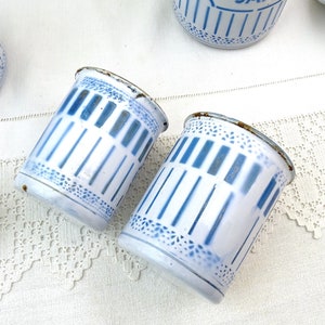 Antique French 6 Piece Enamel Canister Set in White with Blue Pattern and Lettering, Vintage Brocante Kitchen Enamelware Decor from France 画像 5
