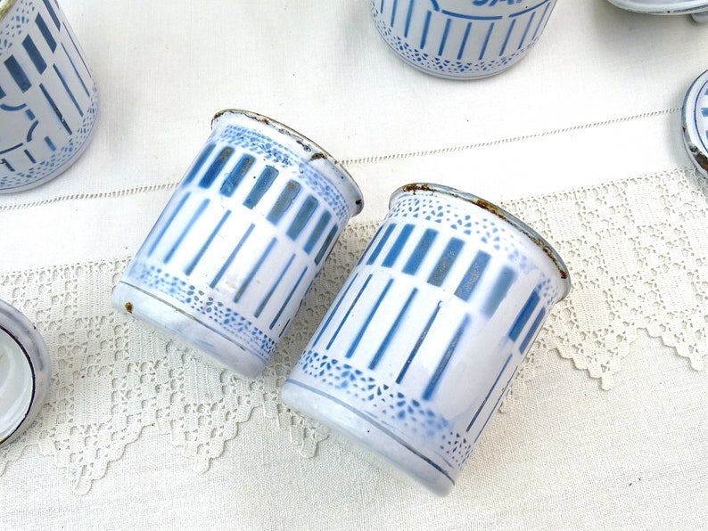 Antique French 6 Piece Enamel Canister Set in White with Blue Pattern and Lettering, Vintage Brocante Kitchen Enamelware Decor from France 画像 5