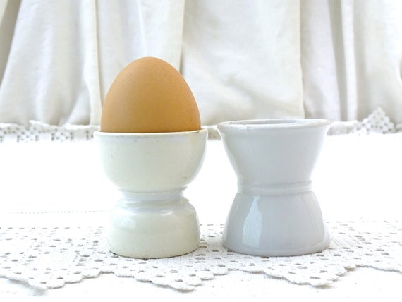 2 Antique French White Glazed Pottery Open Ended Egg Gups, Vintage Boiled Egg Breakfast Accessory from France, Gustavian Home Decor