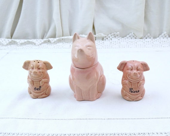 Vintage French Pig Shaped Novelty 3 Piece Condiment Set Promotional Gift from Butcher Leo Liege Le Breil Sarthe, Fun Salt Pepper Mustard