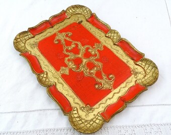 Small vintage Gold and Red Colored Venetian Style Serving Tray, Retro Italian Decor Golden Decorative Tray, MCM Florentine Home Decor 1960s
