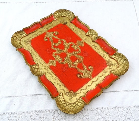 Small vintage Gold and Red Colored Venetian Style Serving Tray, Retro Italian Decor Golden Decorative Tray, MCM Florentine Home Decor 1960s
