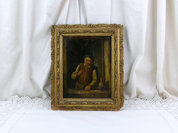 Antique Oil Painting Tavern Interior, European Genre Scene with Man, Ornate Carved Giltwood Frame, Old Original Artwork, Rustic Bar Decor