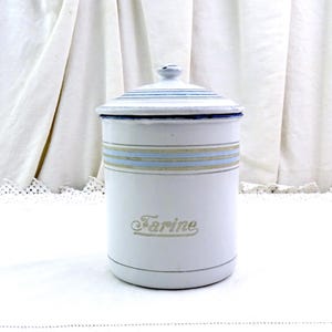 Antique French White Enamel Sugar Canister with Blue Banding, Retro Chippy Enamelware Country Farmhouse Cottagecore Decor, Shabby Chateau