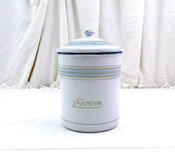 Antique French White Enamel Sugar Canister with Blue Banding, Retro Chippy Enamelware Country Farmhouse Cottagecore Decor, Shabby Chateau