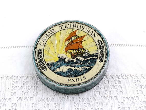 Vintage French Petrossian Paris Metal Caviar Round Printed Tin, Retro Oscietre Fish Egg Metal Container, Brocante Decor, Fleamarket Curio