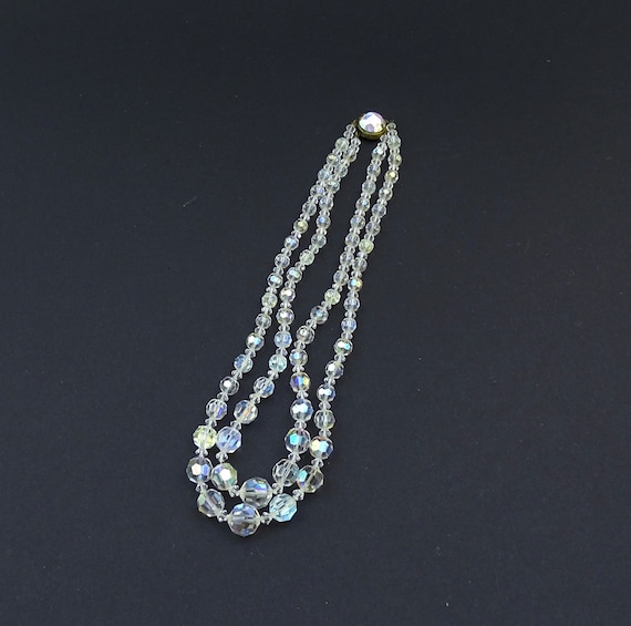 Vintage Mid Century Aurora Borealis Crystal 2 Stranded Beaded Necklace with Faceted Beads, 1940s 1950s Iridescent Glass Jewelry from France