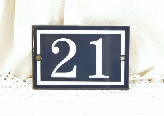 Vintage Traditional French Blue and White Metal Number Plaque 21, Vintage Porcelain House Street Enameled Address Sign, Road Plaque France