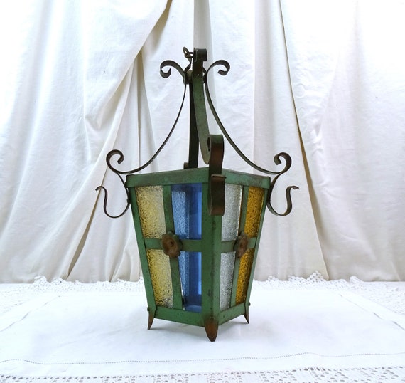 Vintage French Pendant Light Shade with Stained Glass Panels and Wrought Iron Forged Metal, Retro Castle Church Style Lighting Accessory