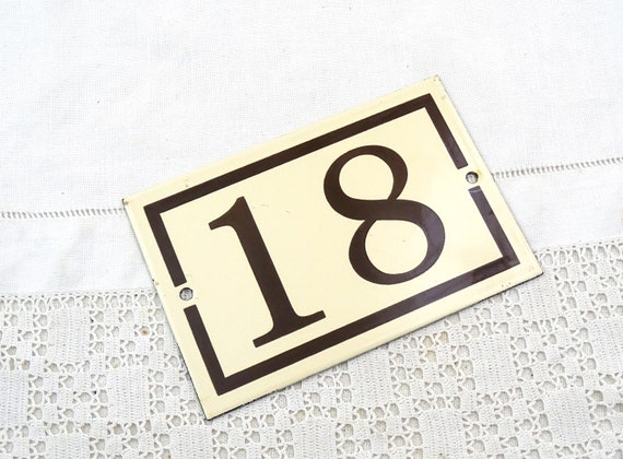 Vintage French Porcelain Enameled Metal House Number Plaque in Beige and Brown Number 18, Enamel Traditional Street Home Address Sign France