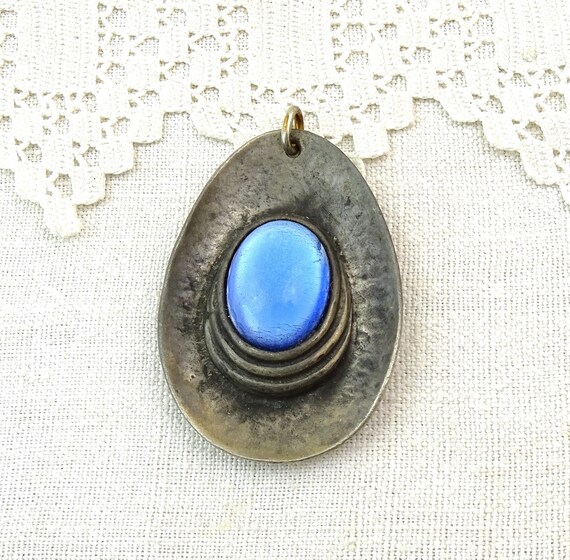 Vintage French 1960s Hand Made Forged Pewter Drop Pendant with Blue Foil Backed Cabochon, Retro 60s Metal Modernist Necklace from France